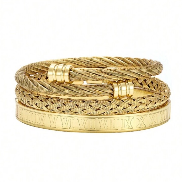 Gold Plated Stainless Steel 3pc Cable & Roman Numeral Bracelet Set - Picture 2 of 2